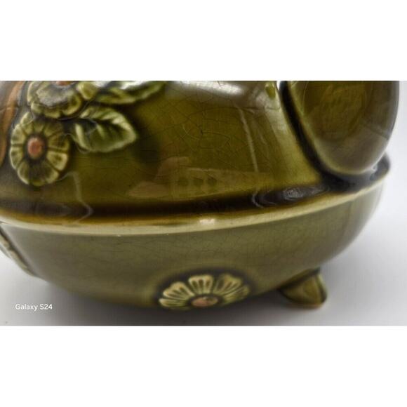 Vintage Ceramic Teapot Fruit and Floral Olive Green with Lid Japan - Picture 12 of 14